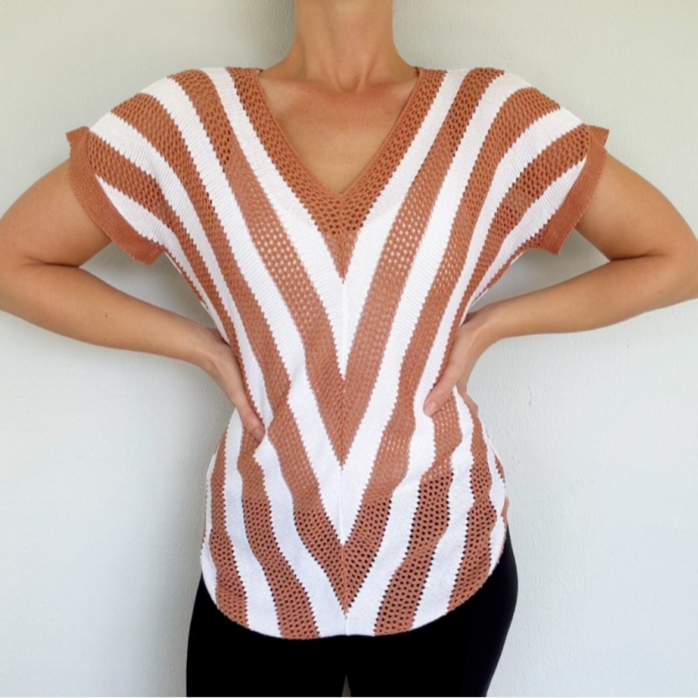 Vintage Y2K Two-One-Two New York brown white open mesh knit dolman sweater PS